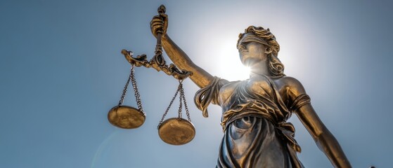 The statue of Lady Justice holding scales against a bright sky backdrop.