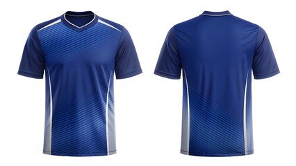 Mockup Front and back view of a blue and gray athletic t-shirt with short sleeves on a white background.