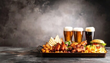 Delicious Feast on Wooden Tray with Golden Beer Glasses Creating a Cozy and Inviting Atmosphere
