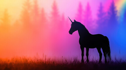 Naklejka premium Majestic unicorn silhouette stands against vibrant, colorful background of misty trees, evoking sense of magic and wonder