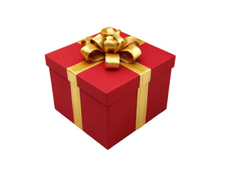 Exquisite red textured gift box adorned with luxurious golden ribbon and bow, presented elegantly on transparent background