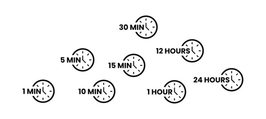 Clock Timers A set of clock icons showing time intervals from one minute to 24 hours representing timer, countdown, deadline, and reminder concepts