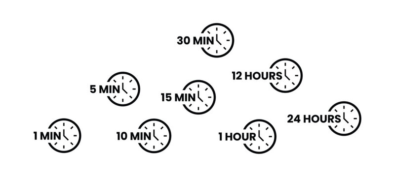 Clock Timers A set of clock icons showing time intervals from one minute to 24 hours representing timer, countdown, deadline, and reminder concepts