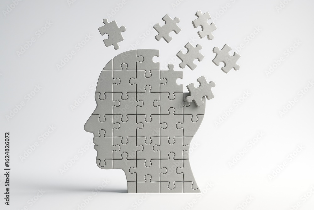 Poster mind puzzle: a creative and symbolic representation of the human mind, composed of interlocking puzz