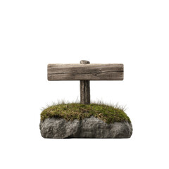 Wooden signpost on top of a mossy rock with a rustic natural appearance