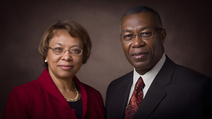 Two executives in formal attire, professional demeanor against a neutral backdrop with soft lighting.
