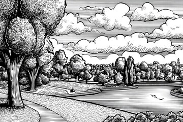 Detailed black and white illustration of a park landscape.