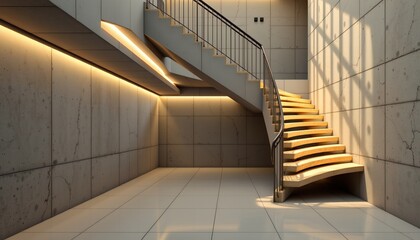 Obraz premium an elegant modern interior featuring a minimalist staircase with a sleek handrail, leading to a second floor space that is not fully visible