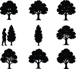 Tree and Family Silhouettes Vector Set – Black Silhouette Illustrations of Trees, Couples, Parents with Children, and Elderly Figures – Nature and Family Life Theme with Trees in Various Shapes, Mothe