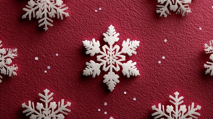Decorative snowflakes arranged on a vibrant red background, creating a festive atmosphere perfect for winter celebrations and holiday decorations