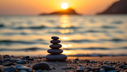 a serene beach sunset with a stone balance tower on the sand
