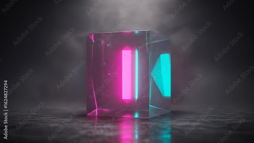 Poster abstract geometric cube: a stunning 3d render of a transparent geometric cube glows with vibrant neo