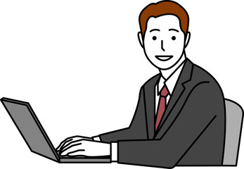 メガネ無し、グレースーツ、顔が正面向きの横から見たパソコンを操作する男性
