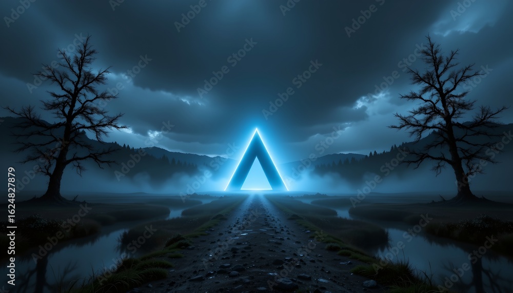 Poster enigmatic nighttime marsh scene with triangular structure