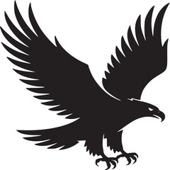 A black silhouette of an eagle with its wings spread wide against a plain white background in a studio shot
