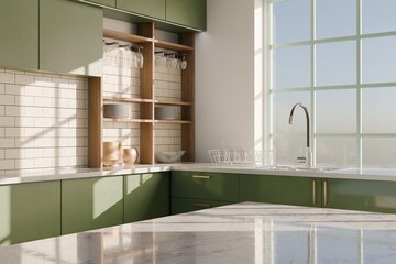 Modern, bright green kitchen corner with sunlight streaming in through large window. Light beige subway tile backsplash and wooden open shelving
