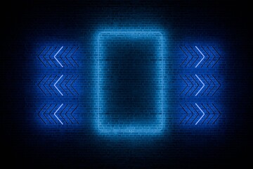 Fototapeta premium Neon blue rectangle frame on dark brick wall, flanked by glowing arrows