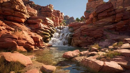 Sunlit waterfall cascading down red rock canyon walls into a tranquil pool, surrounded by rugged, textured stones and sparse desert vegetation