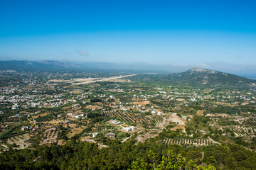 View of Ialyssos from Filerimos Monastery hill. Mediterranean Sea and Mountains in Rhodos, Greece