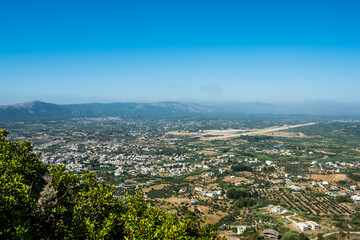 View of Ialyssos from Filerimos Monastery hill. Mediterranean Sea and Mountains in Rhodos, Greece