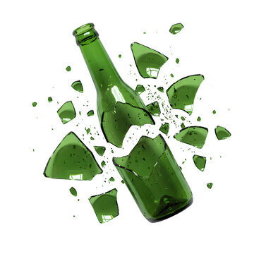A broken green glass bottle surrounded by scattered shattered glass pieces on the ground, Isolated on a white background. PNG format