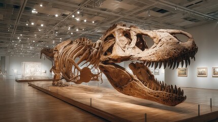 Large T-Rex skeleton displayed on a raised platform in a museum