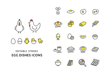 にわとりとヒヨコと卵料理のアイコンセット