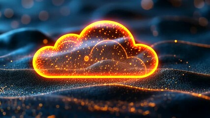 Abstract cloud computing technology animation with glowing orange particles - Powered by Adobe