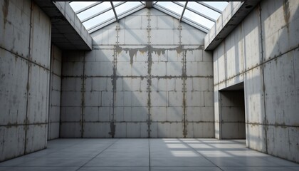 a large, empty industrial room with concrete walls and floors, featuring an open space with no visible objects within it and natural light streaming through a window above