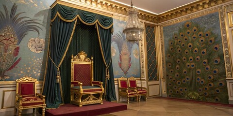 Ornate throne room with peacock mural and luxurious furnishings in a palace setting interior view