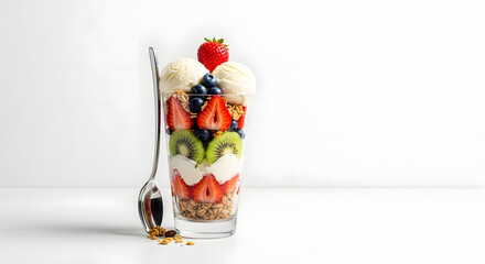 Delicious fruit parfait with yogurt and granola for healthy breakfast or dessert treat