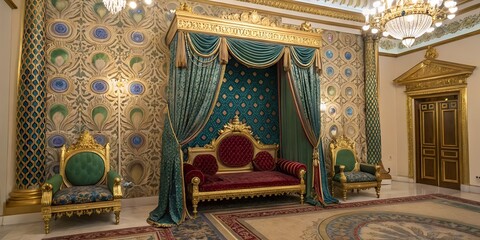 Ornate room featuring a canopy bed and chairs with gold accents and peacock patterned wallpaper decor