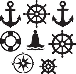 A set of isolated nautical icons including a ship's wheel, anchor, and rudder for sea navigation