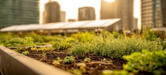 The thriving rooftop garden amidst a vibrant cityscape at sunset.