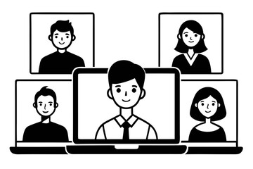 Fototapeta premium Video Conference Call Silhouette Vector – Remote Meeting, Online Communication, and Virtual Collaboration Concept