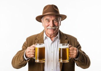 elderly man in brown hat and jacket holding two mugs of beer on white background smiling with styled mustache