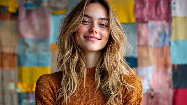 Portrait of a beautiful young woman with blonde wavy hair and freckles against a colorful patchwork quilt background