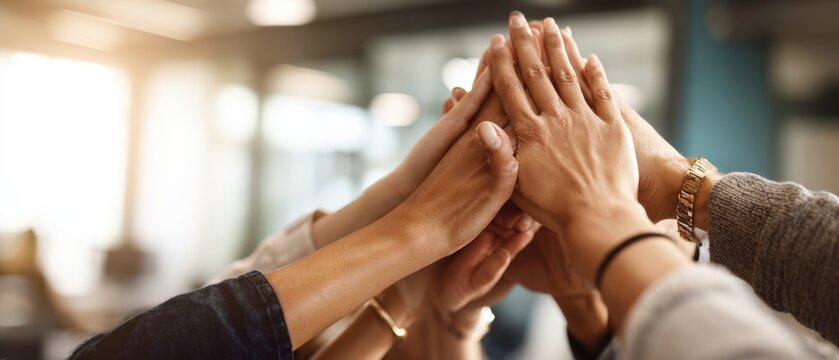The unity of hands raised together in a collaborative workplace setting. - Powered by Adobe