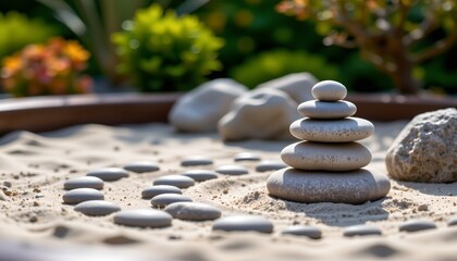 a zen garden setup with various elements commonly associated with such tranquil environments