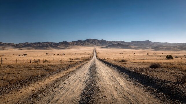 A long, straight dirt road vanishes into a hazy, sun-drenched desert landscape under a clear, blue sky, flanked by sparse, dry vegetation and distant mountains