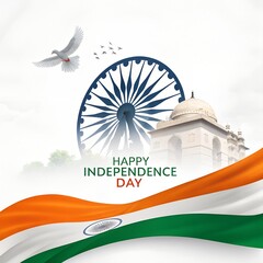 Indian independence day design with flag ashoka chakra and white dove art