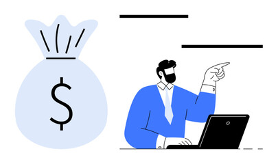 Man in suit working on a laptop and pointing, large money bag symbolizing wealth, financial planning. Ideal for business, startup, finance, investment, strategy entrepreneurship and success. Simple