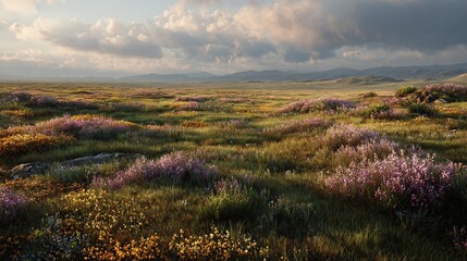 A sprawling, sun-drenched meadow dotted with vibrant wildflowers and low-lying shrubs, under a partly cloudy sky.  Rolling hills and mountains form a distant backdrop