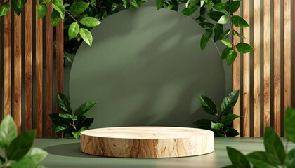Luxurious stonemarble pedestal basks in foliage gobo sunlight. Wooden rod backdrop 