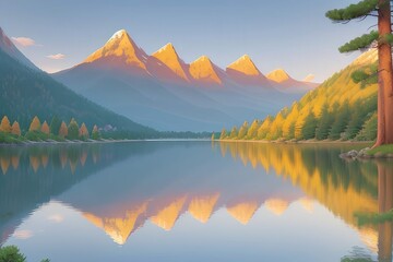 Obraz premium “Tranquil Mountain Lake with Autumn Forest Reflections at Sunset”