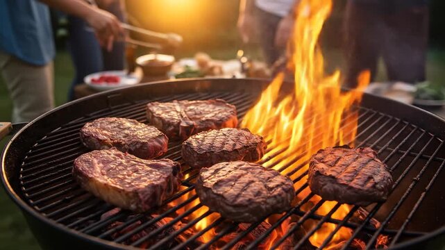 Delicious steaks grilling outdoors