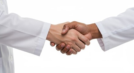 Two diverse medical professionals in white lab coats shaking hands in a gesture of agreement and collaboration