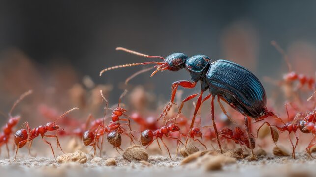 Red ants defending their nest from a beetle intruder