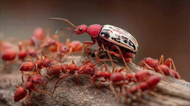 Red ants defending their nest from a beetle intruder