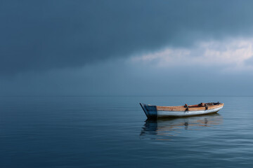 Naklejka premium Solitary wooden boat floating peacefully on calm blue water under a moody cloudy sky